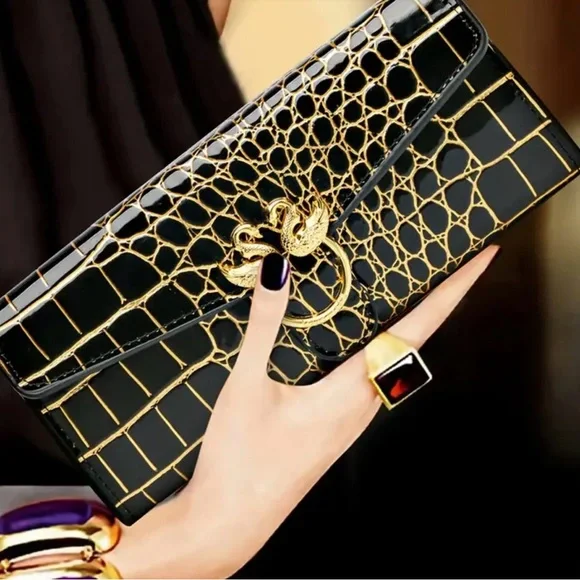 NWOT, Elegant Black and Gold Reptile Design with golden swans clutch or wallet - Picture 2 of 6
